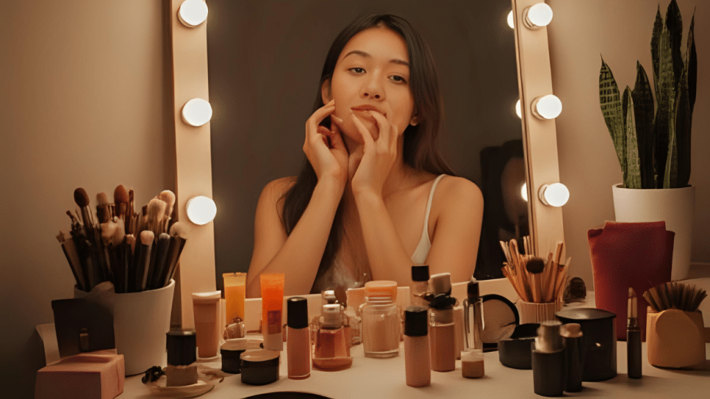 a girl and her makeup products